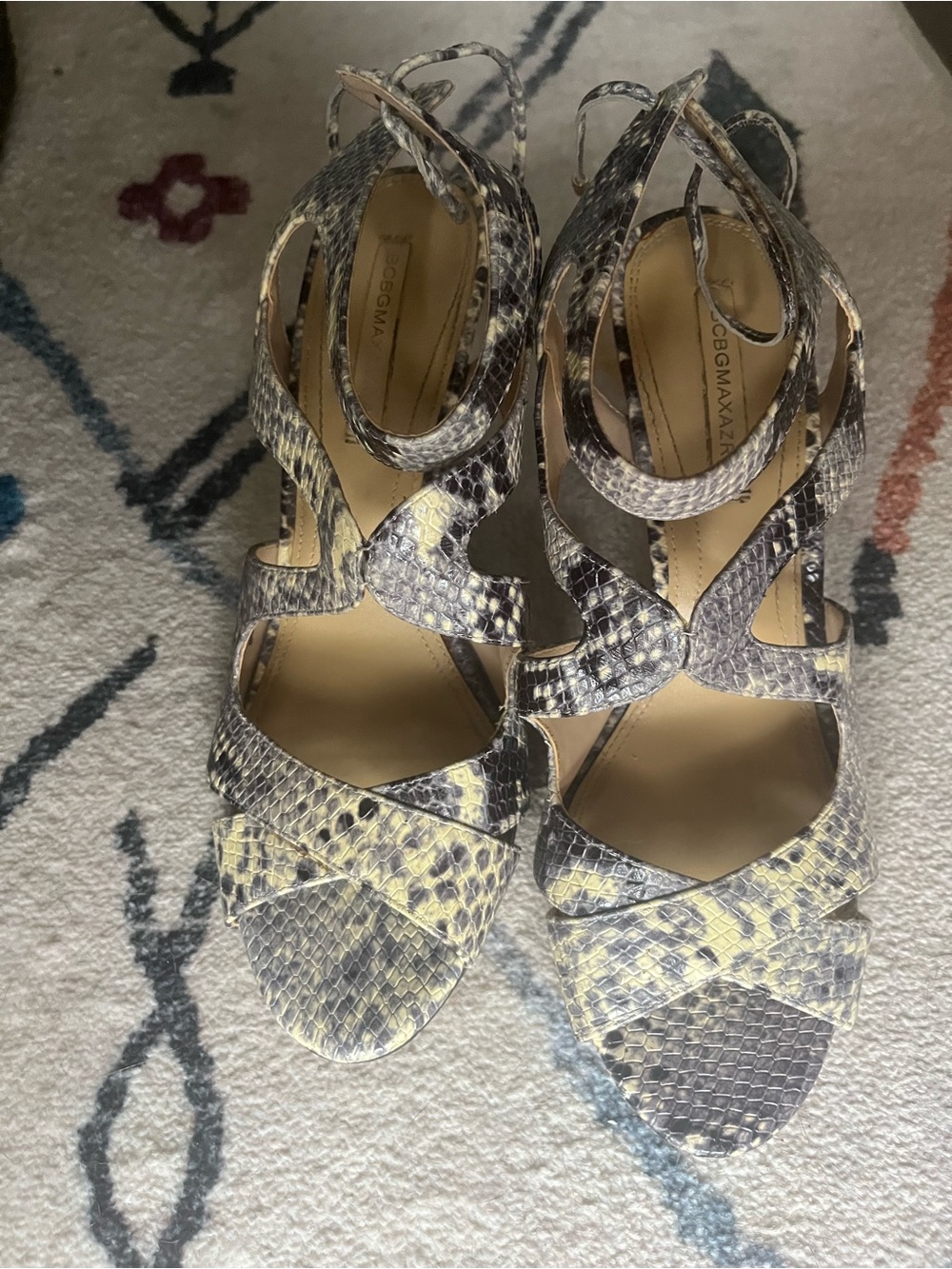 BCBGMAXAZRIA Yellow and Gray Snakeskin Strappy Heels
